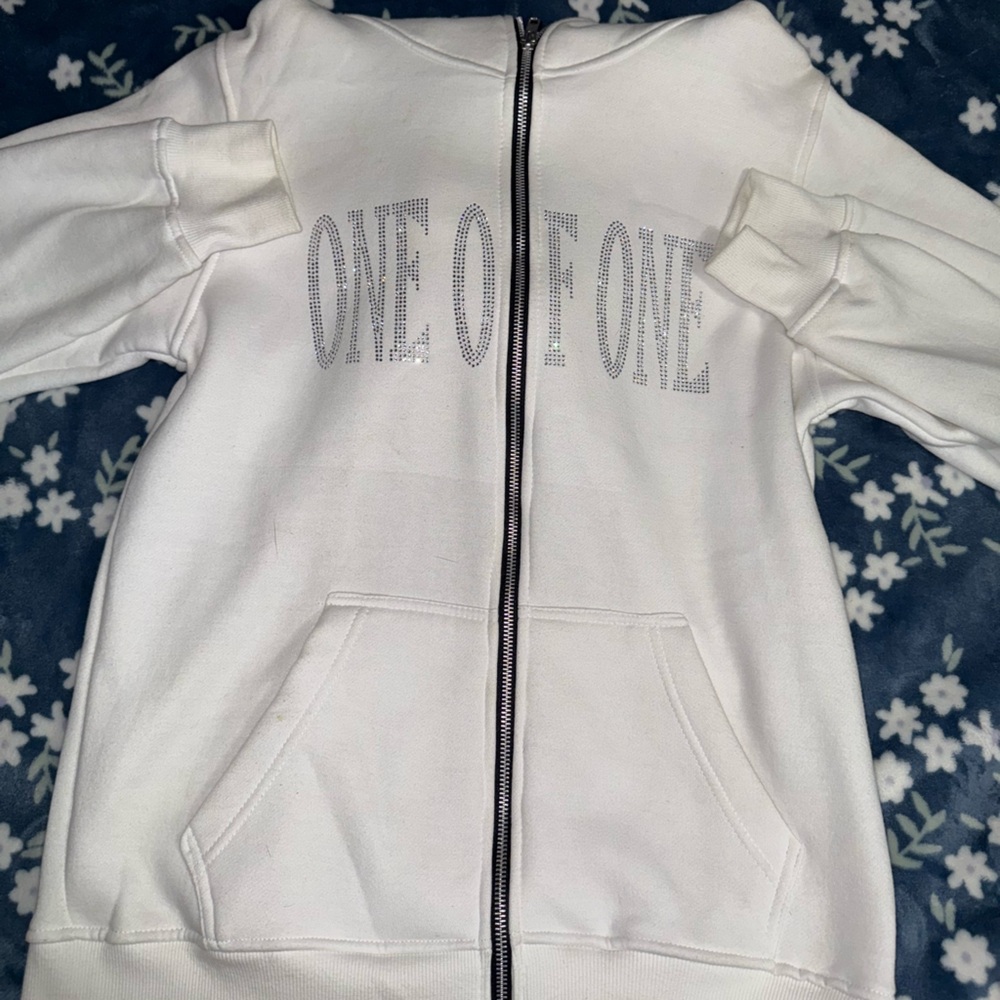 White Zip-Up Hoodie with Text Design